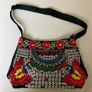 Puerto Rico Embroidered Floral Shoulder Bag - Black and Red